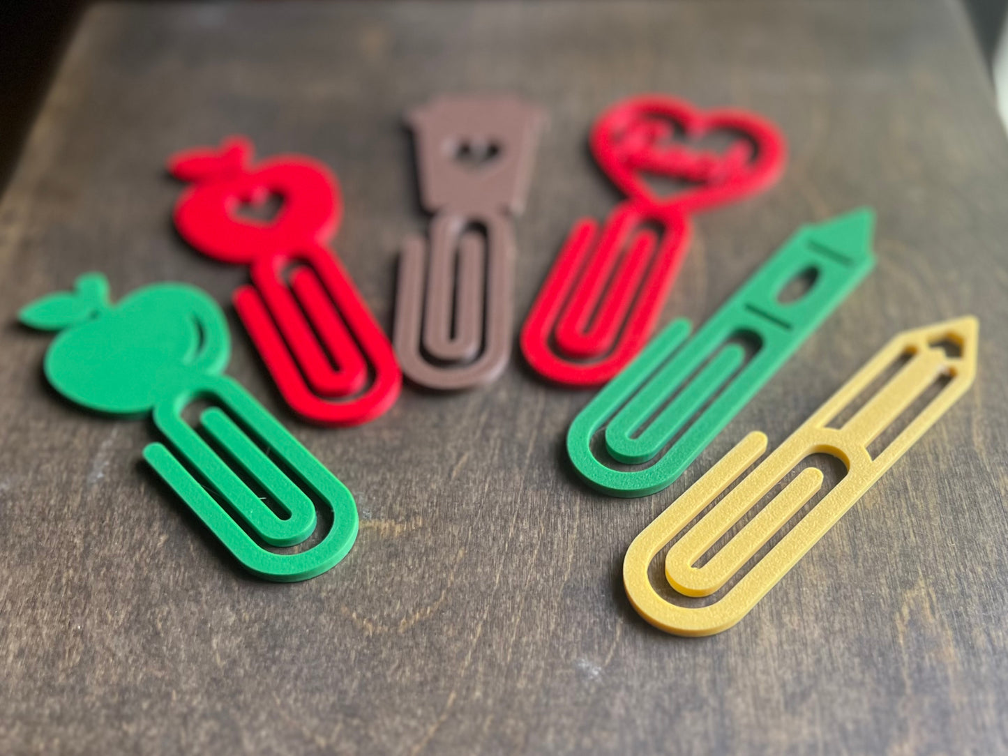 3D Printed Teacher Bookmark Bundle - 6 Fun Designs: Apple, Crayon, Pencil, Heart & More Paperclip