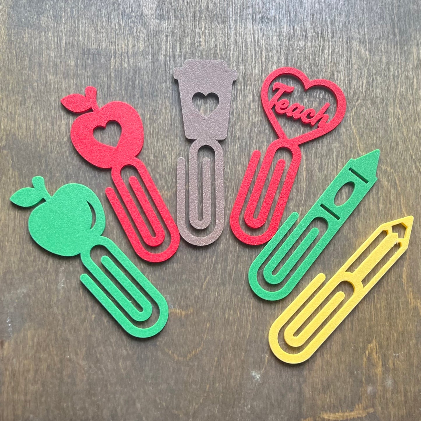 3D Printed Teacher Bookmark Bundle - 6 Fun Designs: Apple, Crayon, Pencil, Heart & More Paperclip