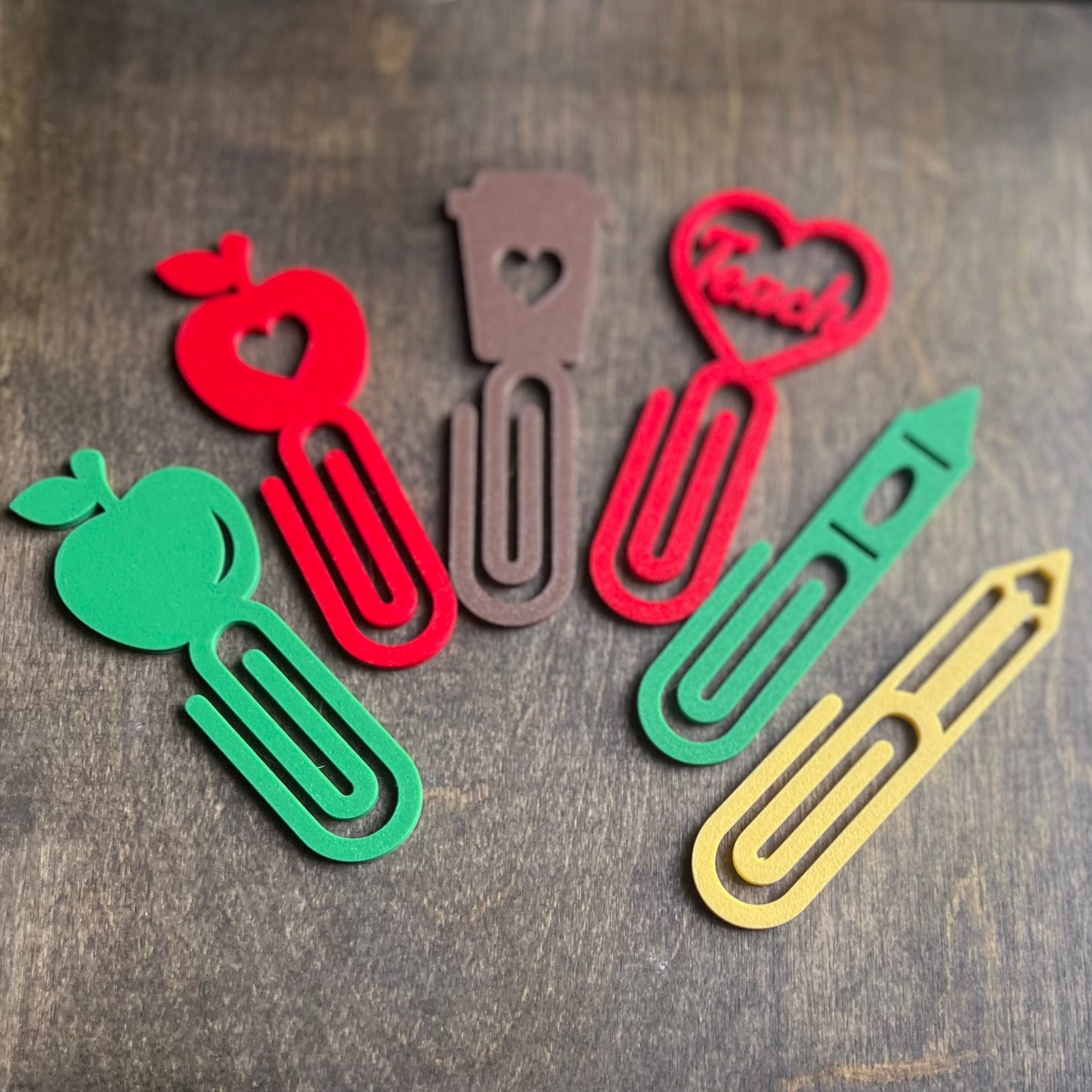 3D Printed Teacher Bookmark Bundle - 6 Fun Designs: Apple, Crayon, Pencil, Heart & More Paperclip