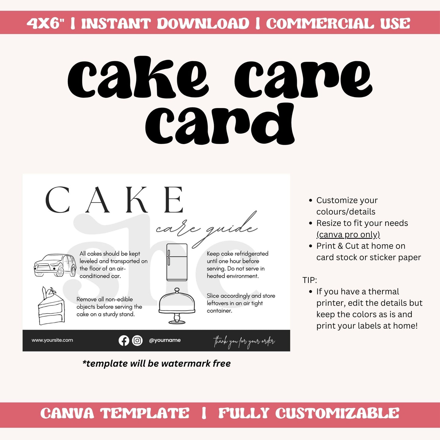 Cake Care Guide Template, Thermal Sticker, Baking Care Cards, Care Card, Care Stickers - SHCreations