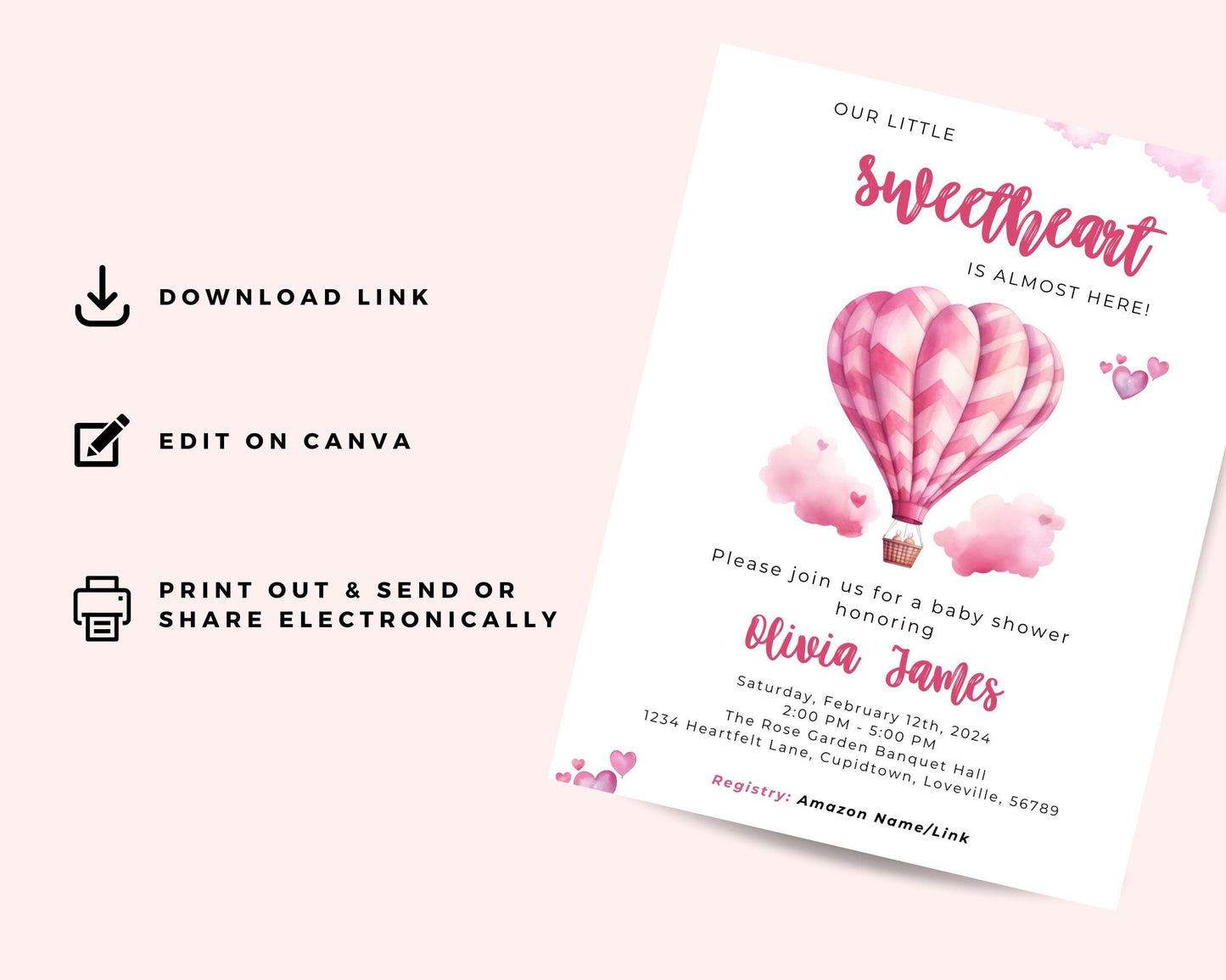 Sweetheart Shower: February Baby Shower Invitation, Hearts Invite, Little Sweetheart Invite, Valentine's Day Baby Shower Editable Invitation