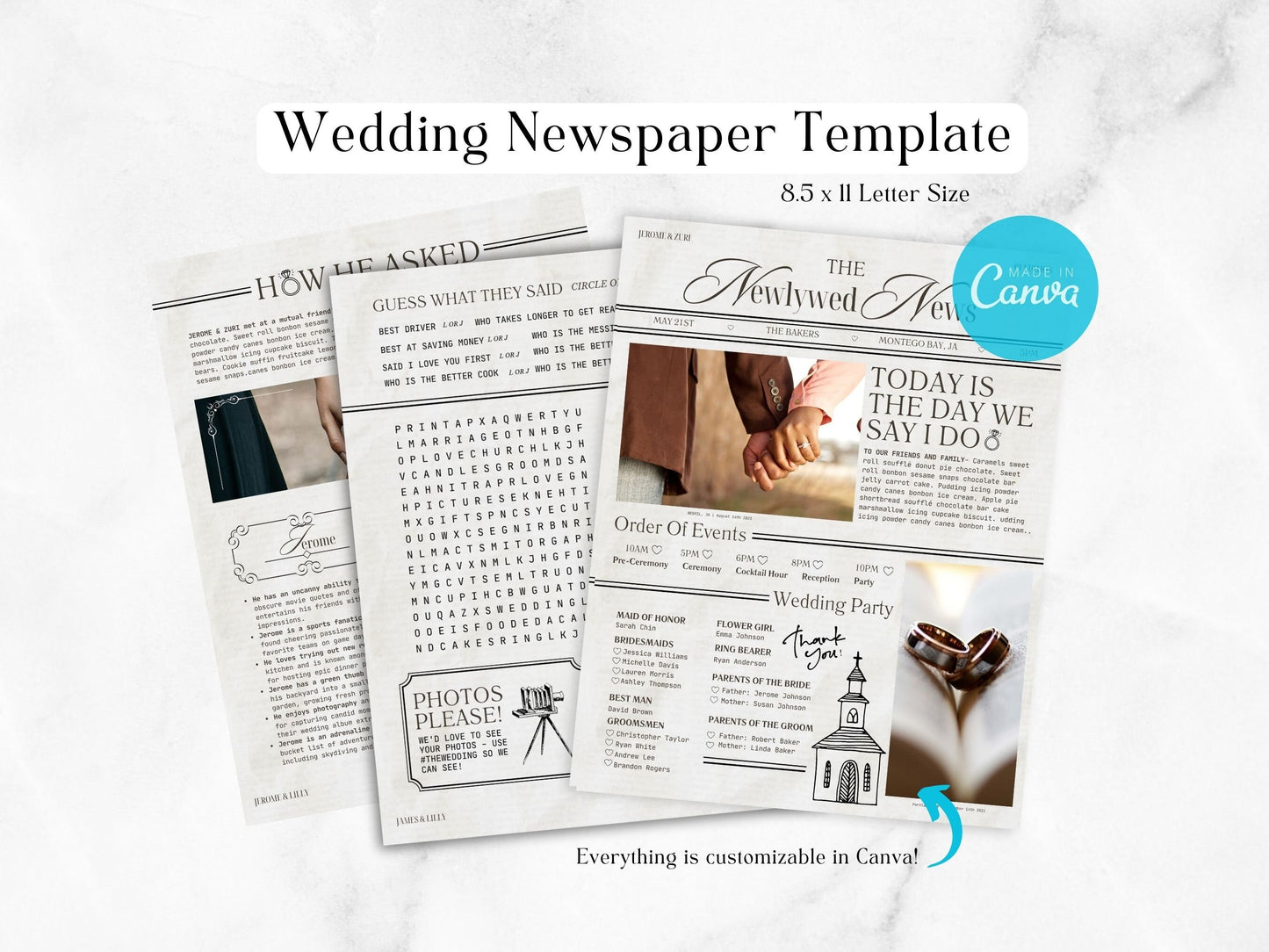 Wedding Newspaper Template, Wedding Program, Wedding timeline, Wedding itinerary, Ceremony program, Wedding crossword, Wedding schedule