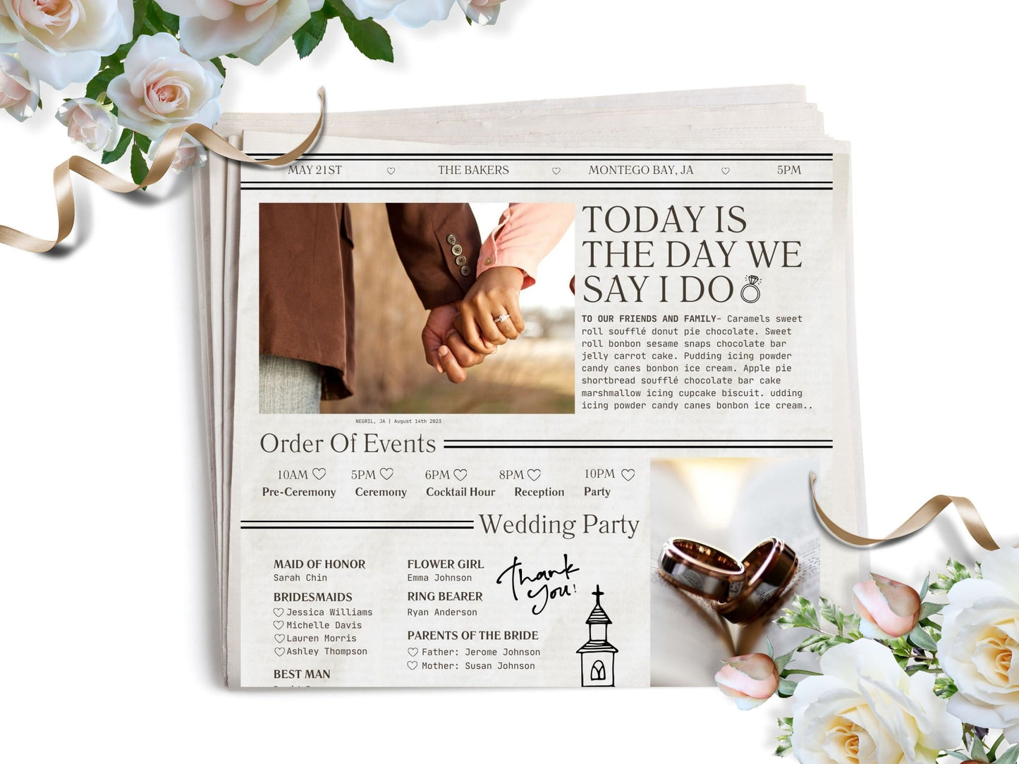 Wedding Newspaper Template, Wedding Program, Wedding timeline, Wedding itinerary, Ceremony program, Wedding crossword, Wedding schedule