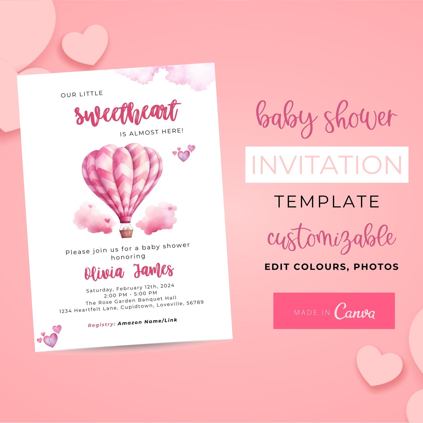 Sweetheart Shower: February Baby Shower Invitation, Hearts Invite, Little Sweetheart Invite, Valentine's Day Baby Shower Editable Invitation