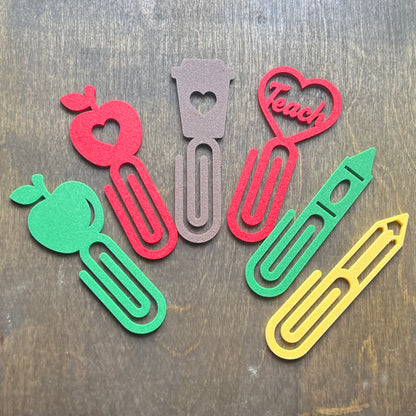 3D Printed Teacher Bookmark Bundle - 6 Fun Designs: Apple, Crayon, Pencil, Heart & More Paperclip