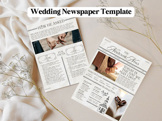 Wedding Newspaper Template, Wedding Program, Wedding timeline, Wedding itinerary, Ceremony program,  Wedding crossword, Wedding schedule