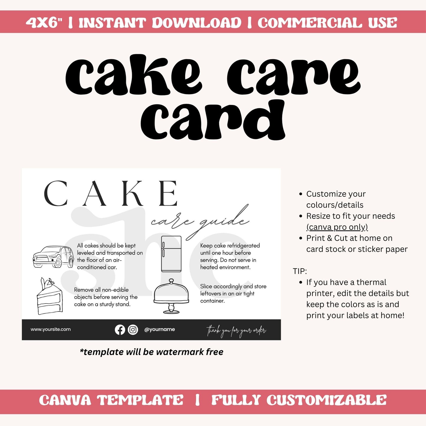 Cake Care Guide Template, Thermal Sticker, Baking Care Cards, Care Card, Care Stickers