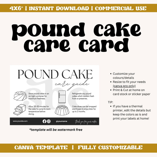 Pound Cake Care Guide Template, Thermal Sticker, Baking Care Cards, Care Card, Care Stickers