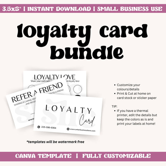 Customizable Loyalty Cards Template Bundle - 3 Design Styles, Printable at Home with Thermal Printer on Canva