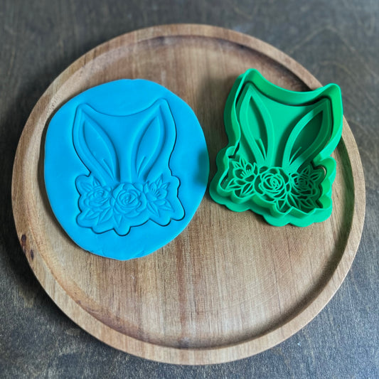 DONE TO ORDER: Floral Bunny Ears Cookie Cutter + Fondant Stamp Set - SHCreations