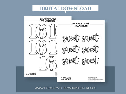 Sweet Sixteen Royal Icing Transfer Printable Bundle, Sweet 16 Template, Transfer Sheet, Sweet Sixteen Printable, Royal Icing Template,