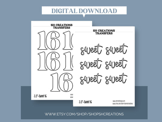 Sweet Sixteen Royal Icing Transfer Printable Bundle, Sweet 16 Template, Transfer Sheet, Sweet Sixteen Printable, Royal Icing Template,