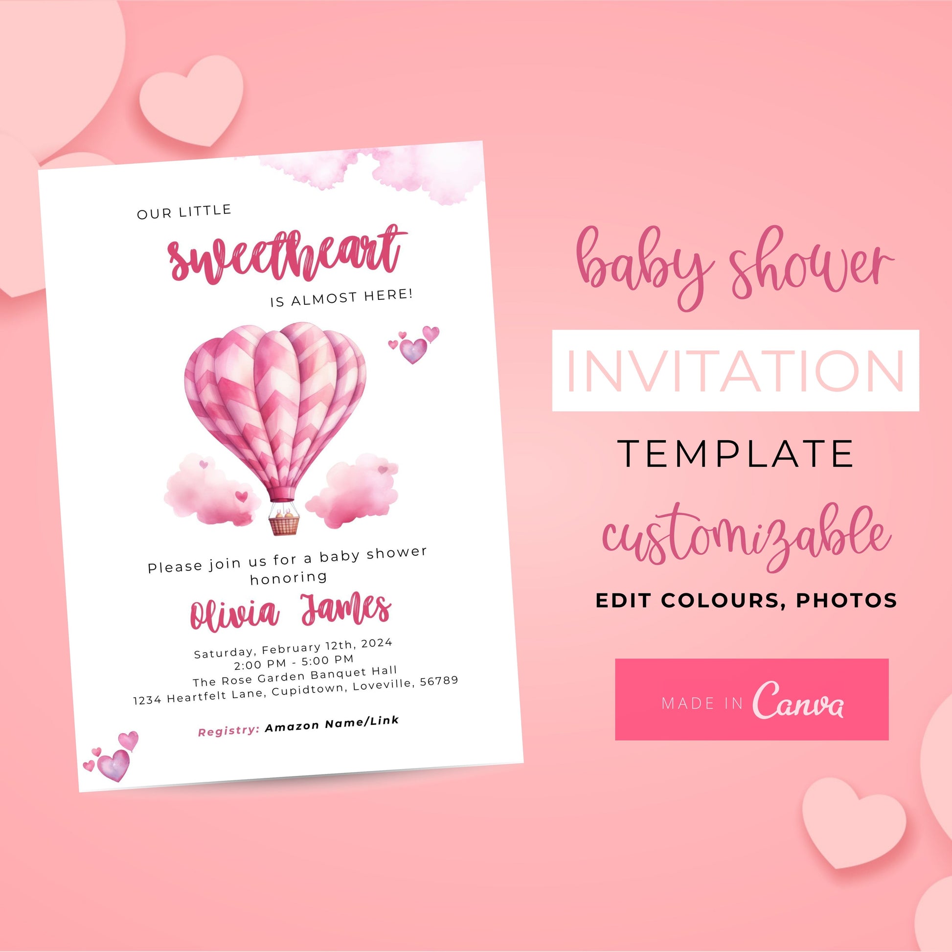 Sweetheart Shower: February Baby Shower Invitation, Hearts Invite, Little Sweetheart Invite, Valentine's Day Baby Shower Editable Invitation - SHCreations