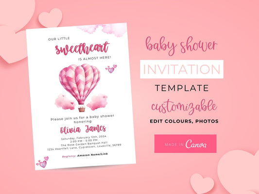 Valentine baby shower invite on a white background. A pink hot air balloon, heart-shaped patterns, and soft pink clouds create a whimsical, romantic atmosphere. Baby Name and Event details included.