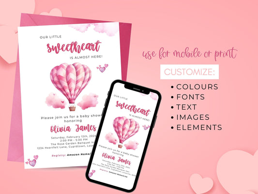Sweetheart Shower: February Baby Shower Invitation, Hearts Invite, Little Sweetheart Invite, Valentine's Day Baby Shower Editable Invitation