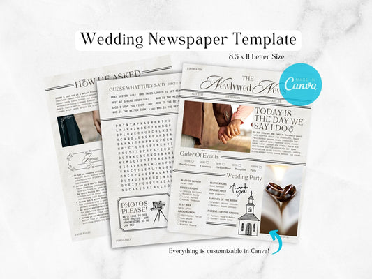 Wedding Newspaper Template, Wedding Program, Wedding timeline, Wedding itinerary, Ceremony program, Wedding crossword, Wedding schedule