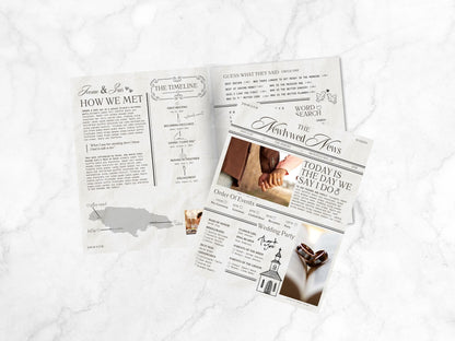 Wedding Newspaper Template, Wedding Program, Wedding timeline, Wedding itinerary, Ceremony program, Wedding crossword, Wedding schedule