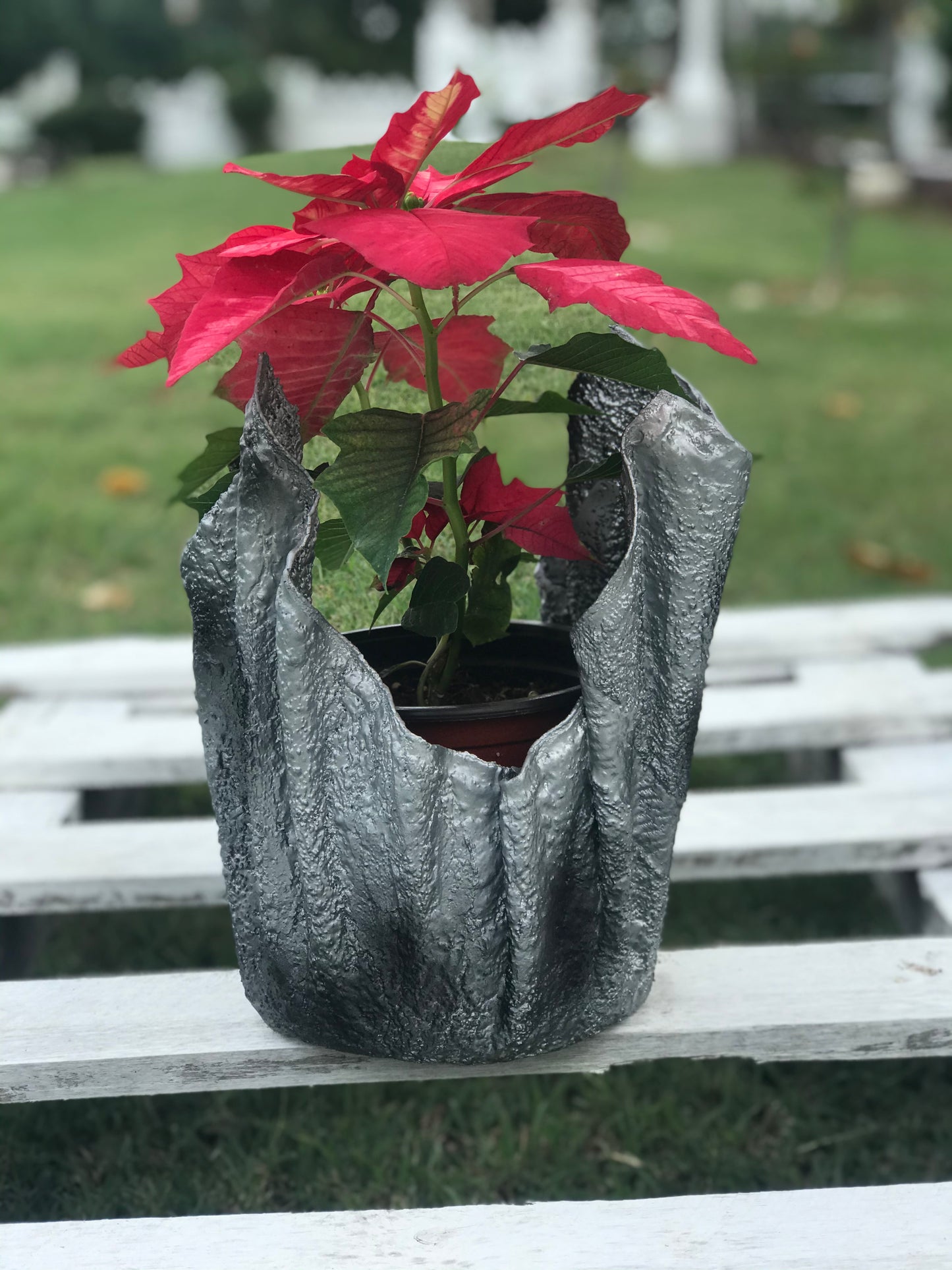 Silver Decorative Pot with Red Poinsettia - SHCreations