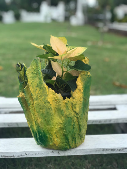 Yellow/Green Decorative Pot with Yellow Poinsettia - SHCreations